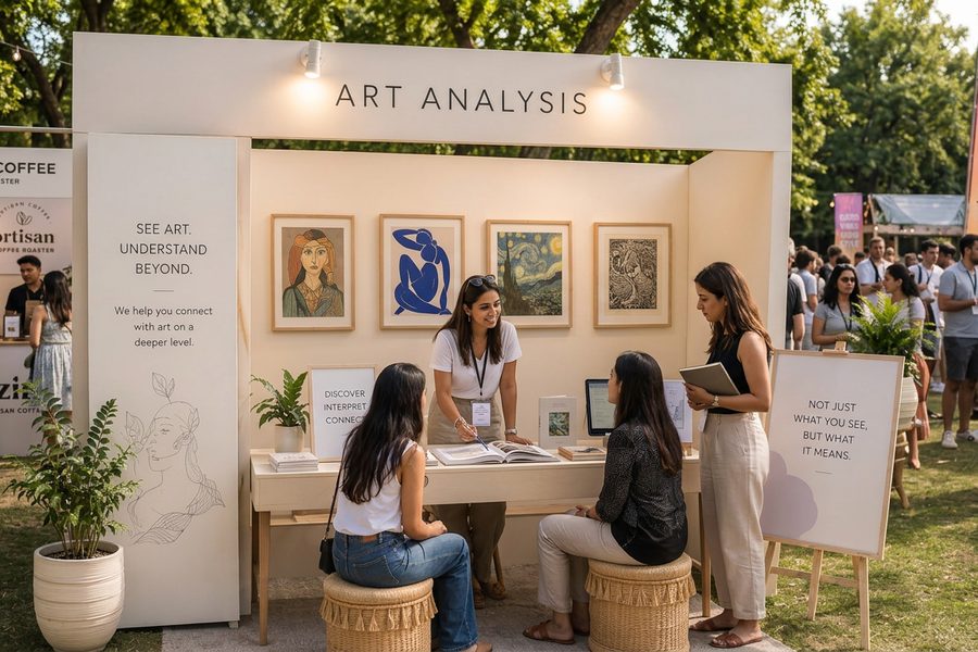 The art analysis booth with framed artworks and a consultation desk