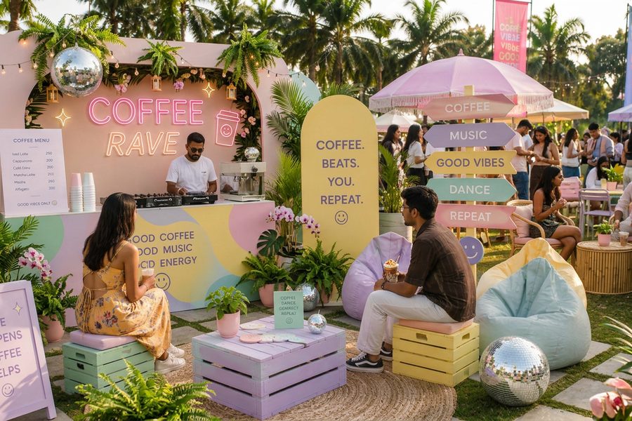 The Coffee Rave setup with a DJ, pastel crates and seating