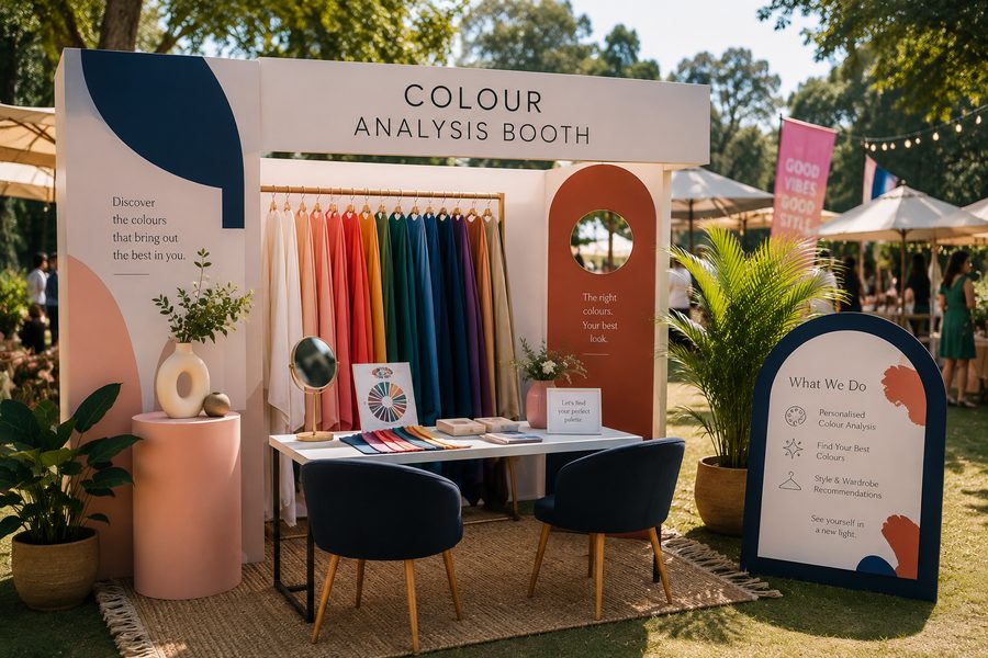 The colour analysis booth, with fabric swatches on a rail
