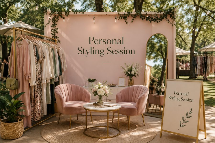 The personal styling lounge with a clothing rail and armchairs