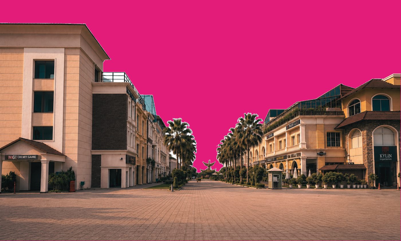 The open-air promenade at Paragon Waterfront, lined with palms and storefronts